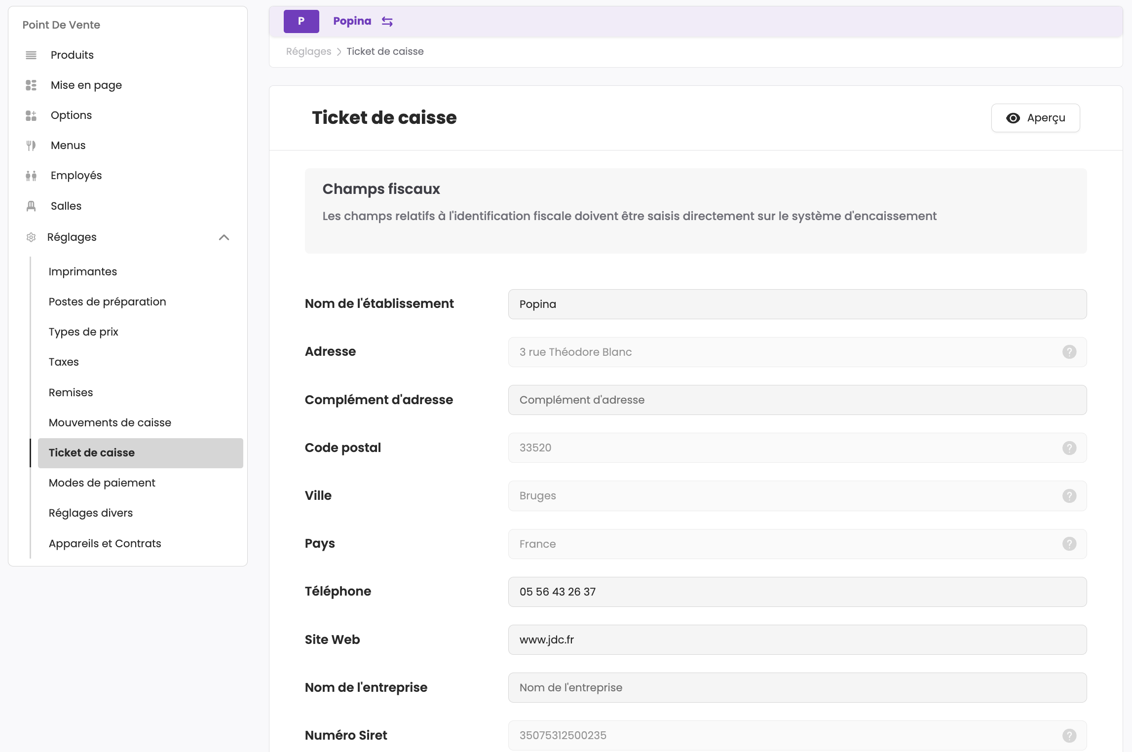 Vue d'ensemble du ticket de caisse