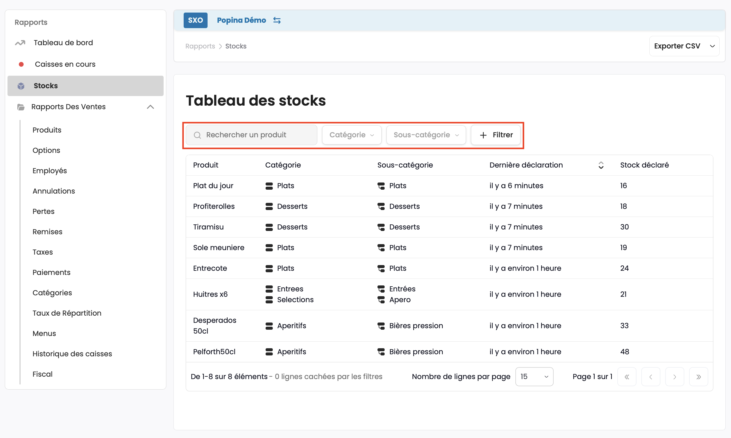 Filtres du tableau des stocks
