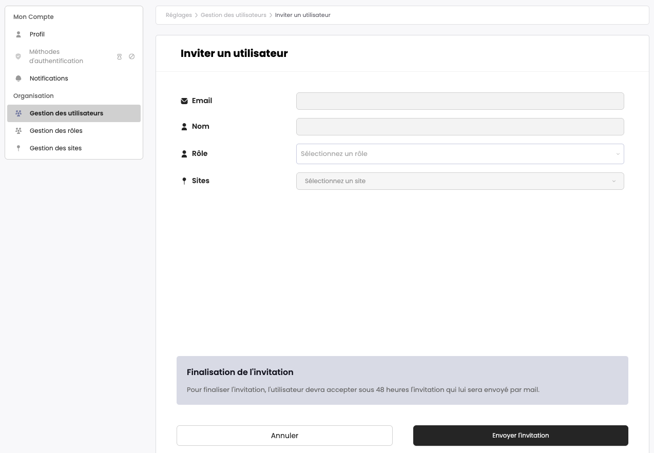 Invitation d'un utilisateur