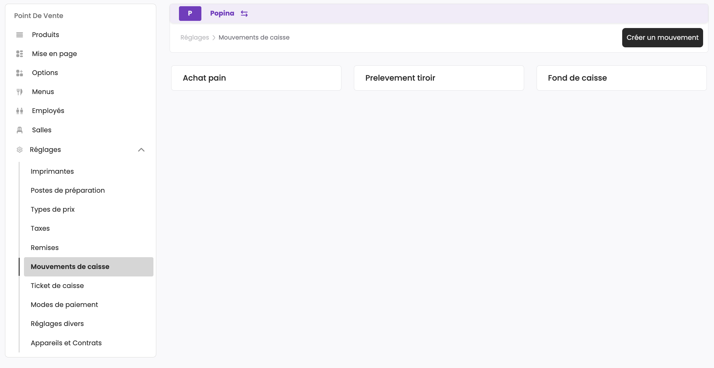 Vue d'ensemble des mouvements de caisse