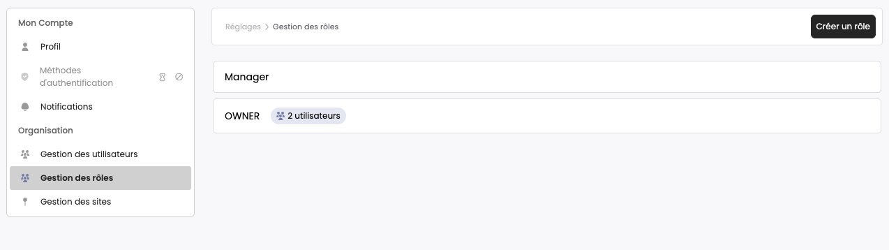 Affichage de la gestion des rôles