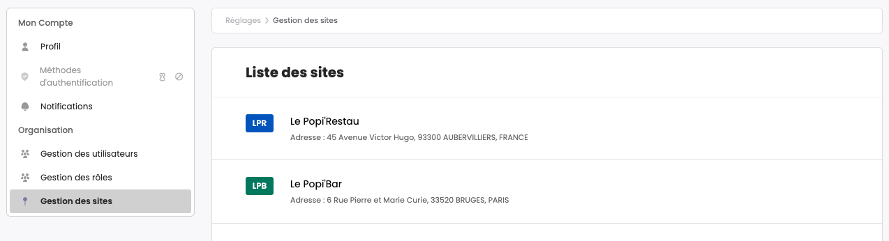 Affichage de la gestion des sites