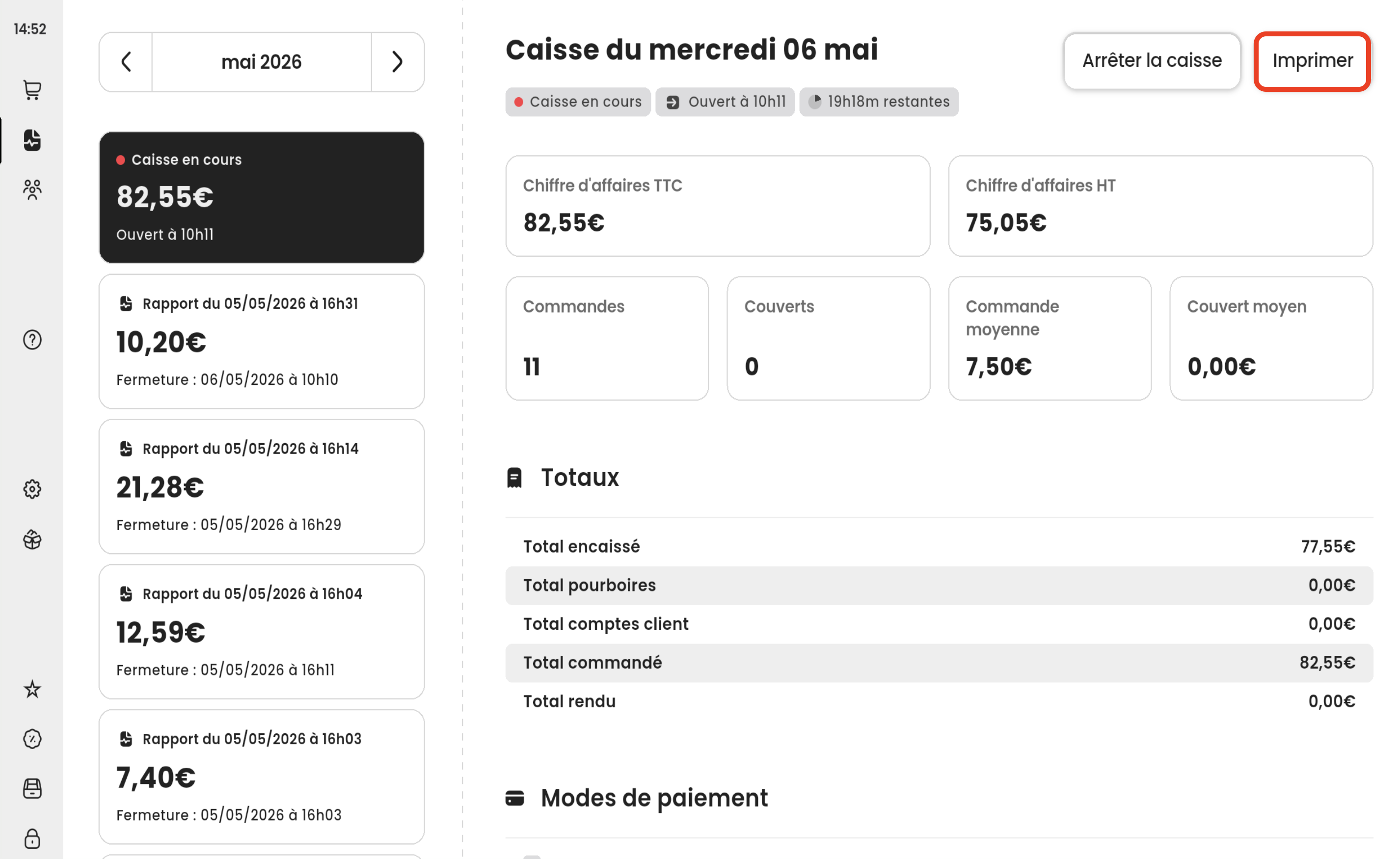 Bouton Imprimersur la section Rapports