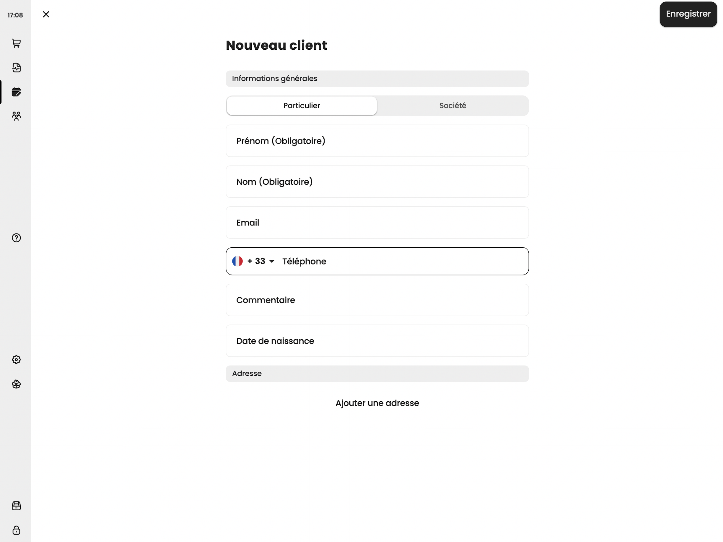 Page de création d'un client