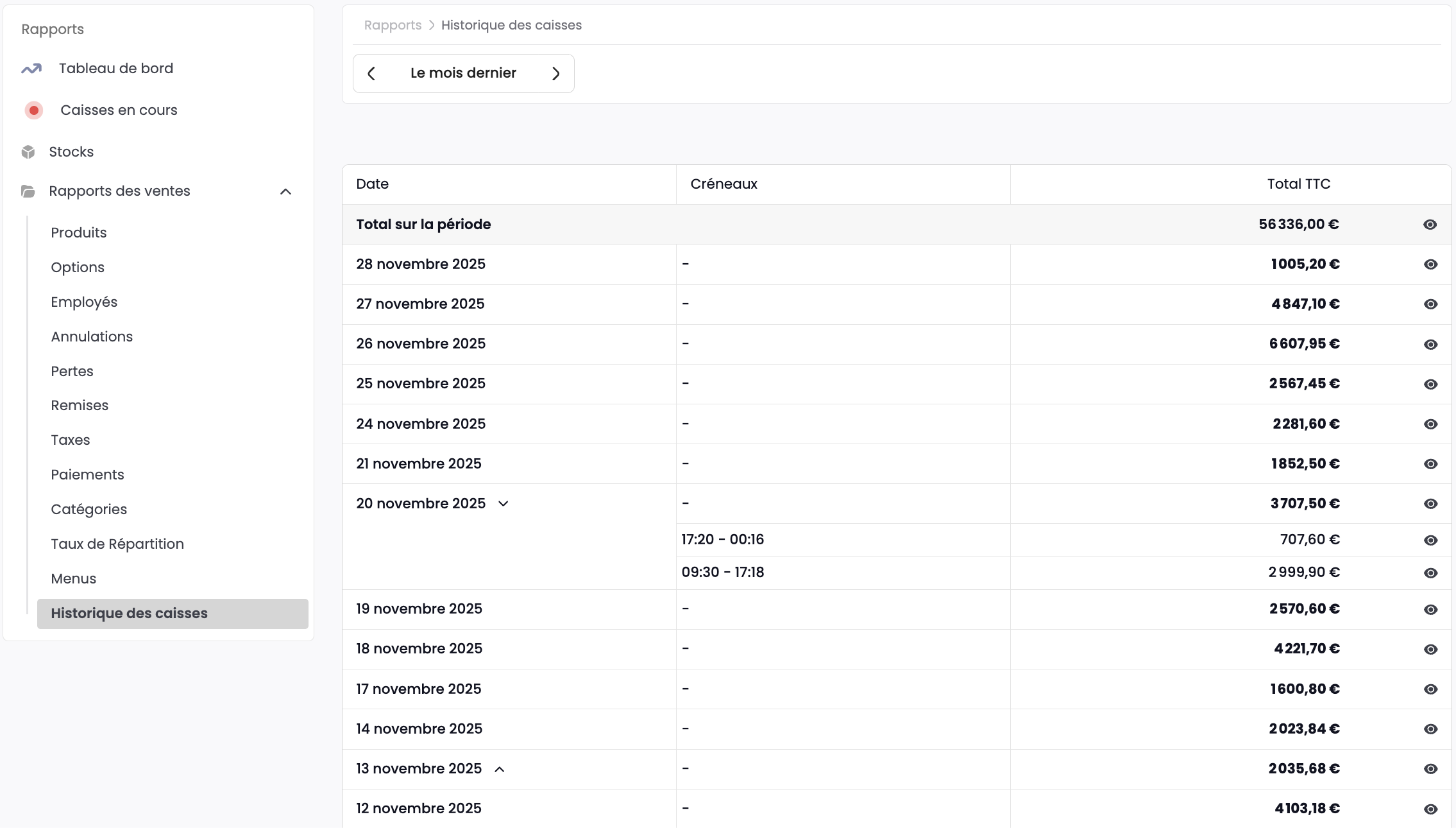 Tableau des historiques de caisses