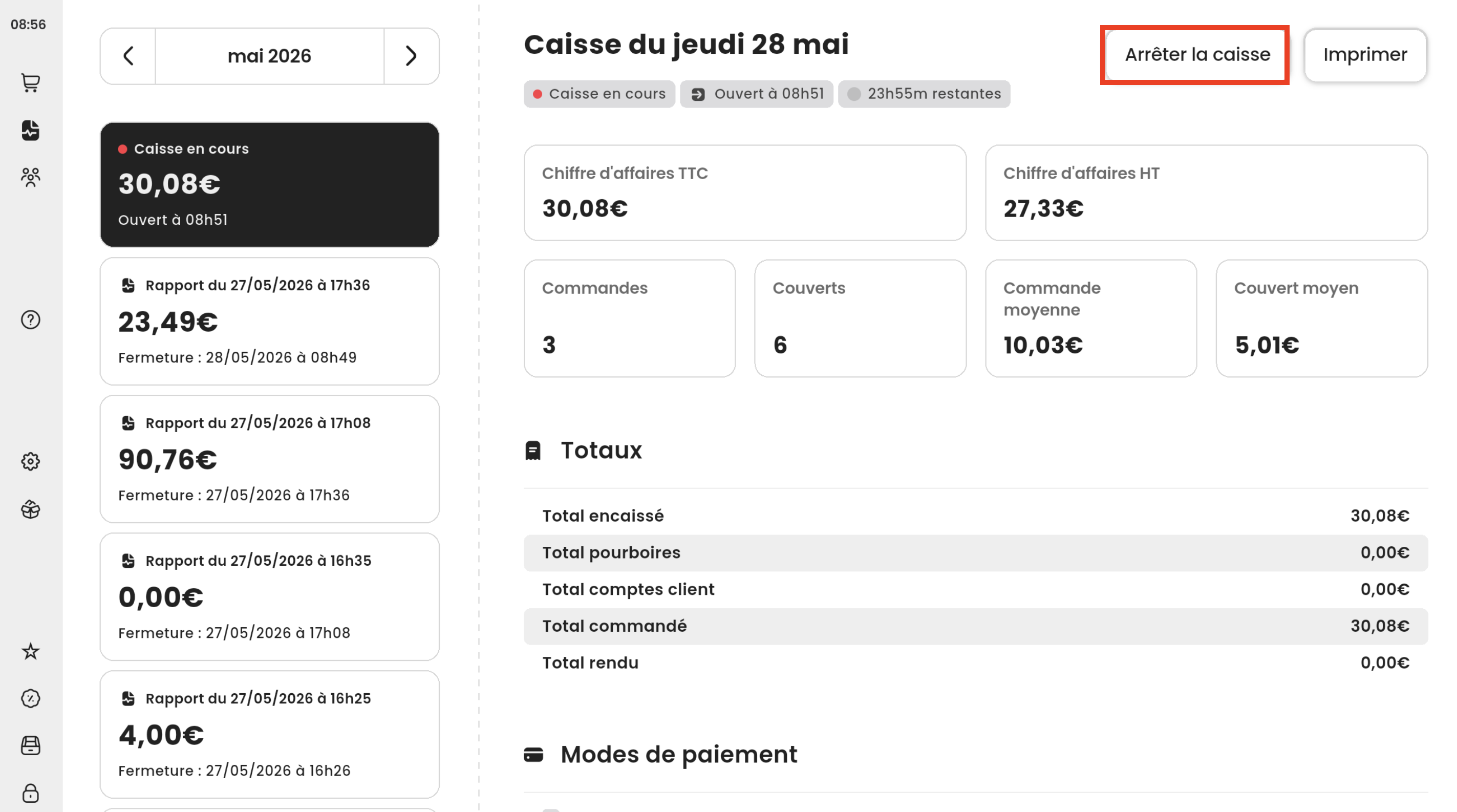 Bouton Arreter la caisse sur la page Caisse