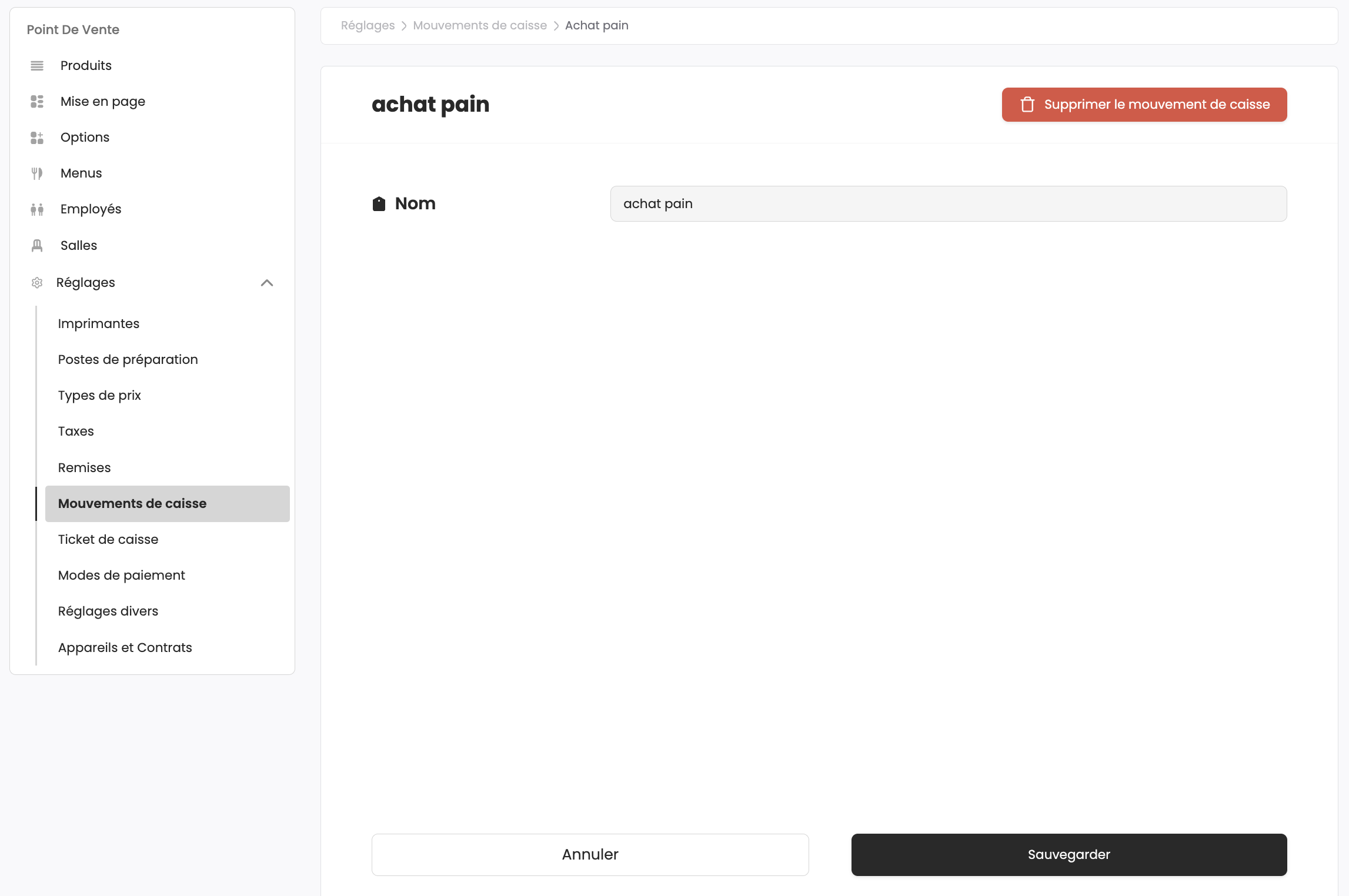 Configuration d'un mouvement de caisse