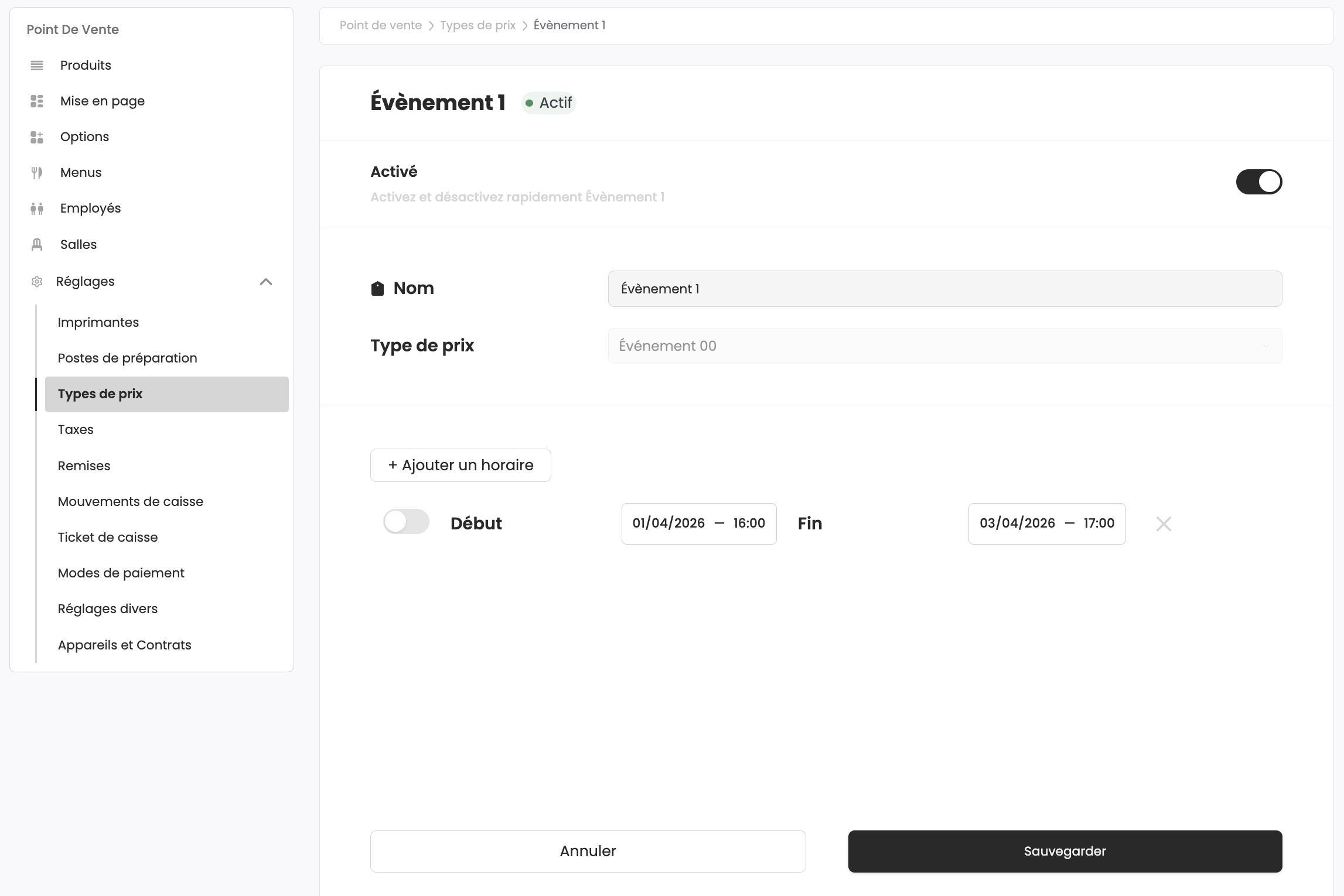 Modification d'un prix par horaires