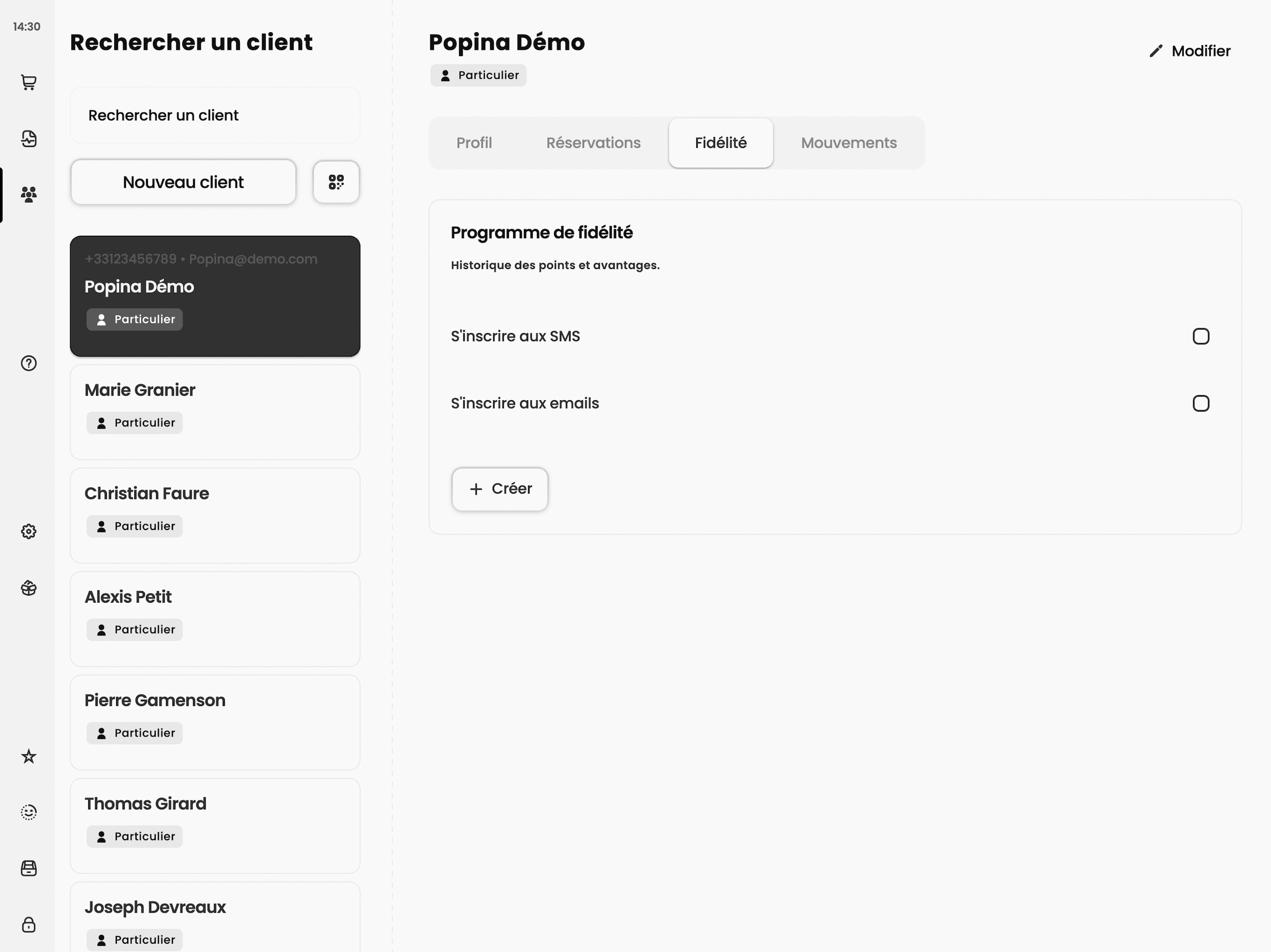 Vue de l'onglet fidélité sur une fiche client